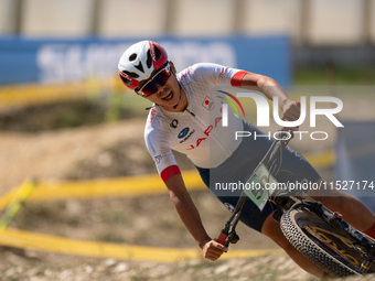 Alberto Nozaki of Japan competes in the UCI Mountain Bike World Championships Cross-Country Olympic Men Junior in Pal Arinsal, Andorra, on A...