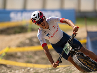 Alberto Nozaki of Japan competes in the UCI Mountain Bike World Championships Cross-Country Olympic Men Junior in Pal Arinsal, Andorra, on A...