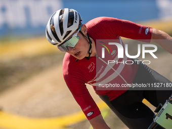 Nicolas Philipsen of Denmark competes in the UCI Mountain Bike World Championships Cross-Country Olympic Men Junior in Pal Arinsal, Andorra,...