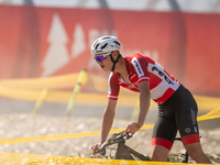 A cyclist participates in the UCI Mountain Bike World Championships Cross-Country Olympic Men Junior in Pal Arinsal, Andorra, on August 30,...