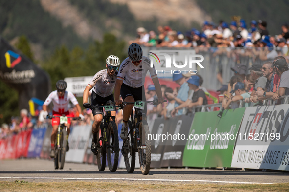 Cyclists participate in the UCI Mountain Bike World Championships CROSS-COUNTRY OLYMPIC MEN JUNIOR in Pal Arinsal, Andorra, on August 30, 20...