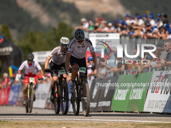 Cyclists participate in the UCI Mountain Bike World Championships CROSS-COUNTRY OLYMPIC MEN JUNIOR in Pal Arinsal, Andorra, on August 30, 20...