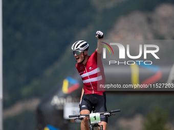 Albert Philipsen of Denmark wins the final race in the UCI Mountain Bike World Championships Cross-Country Olympic Men Junior in Pal Arinsal...