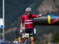 Albert Philipsen of Denmark wins the final race in the UCI Mountain Bike World Championships Cross-Country Olympic Men Junior in Pal Arinsal...