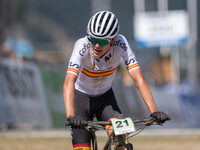 Alejandro Garcia of Spain competes in the UCI Mountain Bike World Championships Cross-Country Olympic Men Junior in Pal Arinsal, Andorra, on...