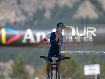 Kalanquin Lee of France competes in the UCI Mountain Bike World Championships Cross-Country Olympic Men Junior in Pal Arinsal, Andorra, on A...