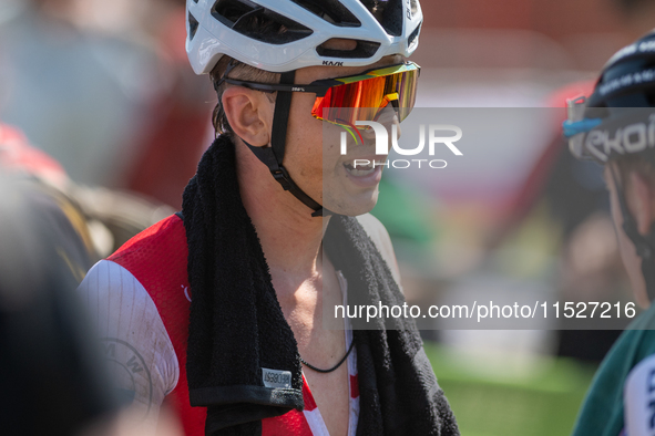 A cyclist after the race in the UCI Mountain Bike World Championships Cross-Country Olympic Men Junior in Pal Arinsal, Andorra, on August 30...