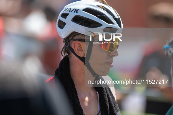 A cyclist after the race in the UCI Mountain Bike World Championships Cross-Country Olympic Men Junior in Pal Arinsal, Andorra, on August 30...