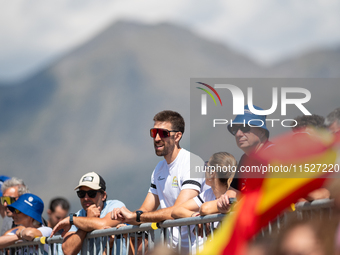 Spanish fans celebrate third place in the UCI Mountain Bike World Championships Cross-Country Olympic Men Junior in Pal Arinsal, Andorra, on...