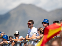 Spanish fans celebrate third place in the UCI Mountain Bike World Championships Cross-Country Olympic Men Junior in Pal Arinsal, Andorra, on...