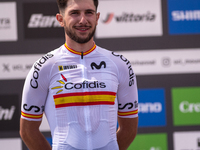 Nicolas Franco of Spain celebrates on the podium for third place in the UCI Mountain Bike World Championships Cross-Country Olympic Men Juni...