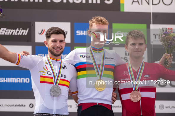 In Pal Arinsal, Andorra, on August 30, 2024, Nicolas Philipsen of Denmark, Nicolas Franco of Spain, and Henrique Hougs of Denmark celebrate...