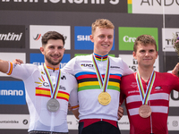 In Pal Arinsal, Andorra, on August 30, 2024, Nicolas Philipsen of Denmark, Nicolas Franco of Spain, and Henrique Hougs of Denmark celebrate...