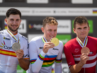 In Pal Arinsal, Andorra, on August 30, 2024, Nicolas Philipsen of Denmark, Nicolas Franco of Spain, and Henrique Hougs of Denmark celebrate...