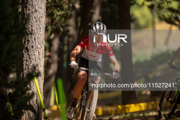 Zsombor Gauthier of Canada competes in the UCI Mountain Bike World Championships Cross-Country Olympic Men Junior in Pal Arinsal, Andorra, o...