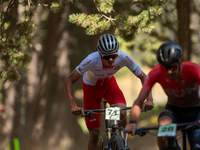 Filip Polchlopek of Poland competes in the UCI Mountain Bike World Championships Cross-Country Olympic Men Junior in Pal Arinsal, Andorra, o...