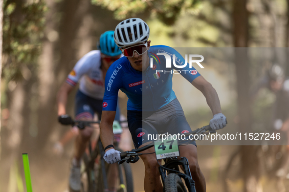 Guillermo Rial of Italy participates in the UCI Mountain Bike World Championships Cross-Country Olympic Men Junior in Pal Arinsal, Andorra,...