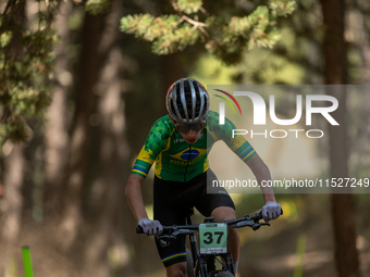 Dragos De Souza of Gustavo competes in the UCI Mountain Bike World Championships Cross-Country Olympic Men Junior in Pal Arinsal, Andorra, o...