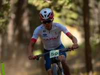 Alberto Nozaki of Japan competes in the UCI Mountain Bike World Championships Cross-Country Olympic Men Junior in Pal Arinsal, Andorra, on A...