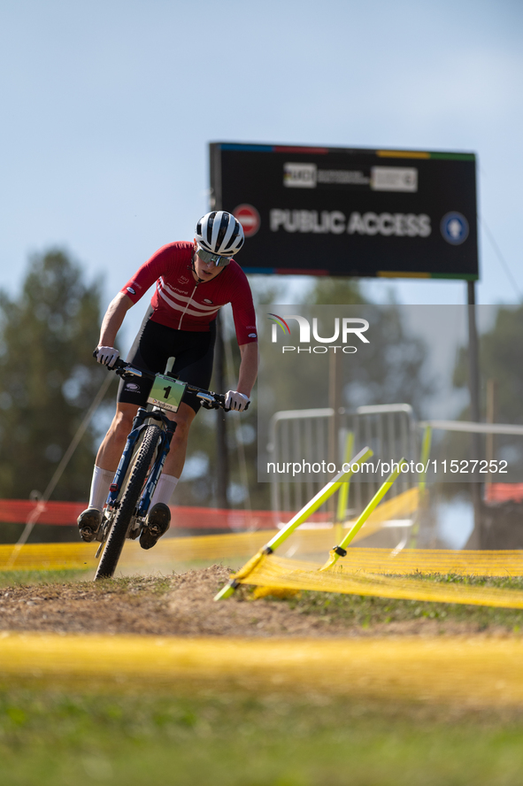 Nicolas Philipsen of Denmark competes in the UCI Mountain Bike World Championships Cross-Country Olympic Men Junior in Pal Arinsal, Andorra,...