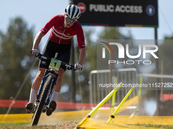 Nicolas Philipsen of Denmark competes in the UCI Mountain Bike World Championships Cross-Country Olympic Men Junior in Pal Arinsal, Andorra,...