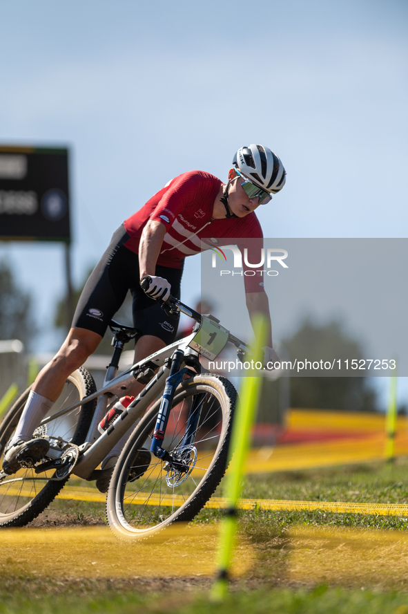 Nicolas Philipsen of Denmark competes in the UCI Mountain Bike World Championships Cross-Country Olympic Men Junior in Pal Arinsal, Andorra,...