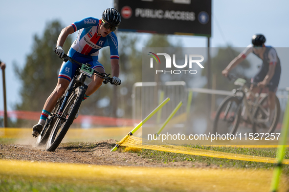 Lucas Friedel of Czechia competes in the UCI Mountain Bike World Championships Cross-Country Olympic Men Junior in Pal Arinsal, Andorra, on...