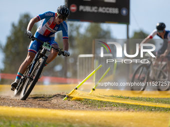 Lucas Friedel of Czechia competes in the UCI Mountain Bike World Championships Cross-Country Olympic Men Junior in Pal Arinsal, Andorra, on...