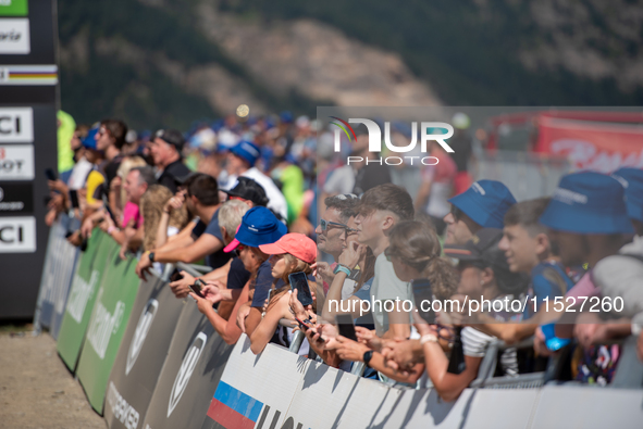 Fans attend the UCI Mountain Bike World Championships CROSS-COUNTRY OLYMPIC MEN JUNIOR in Pal Arinsal, Andorra, on August 30, 2024. 