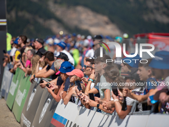 Fans attend the UCI Mountain Bike World Championships CROSS-COUNTRY OLYMPIC MEN JUNIOR in Pal Arinsal, Andorra, on August 30, 2024. (