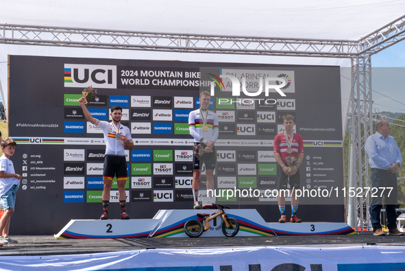 In Pal Arinsal, Andorra, on August 30, 2024, Nicolas Philipsen of Denmark, Nicolas Franco of Spain, and Henrique Hougs of Denmark celebrate...