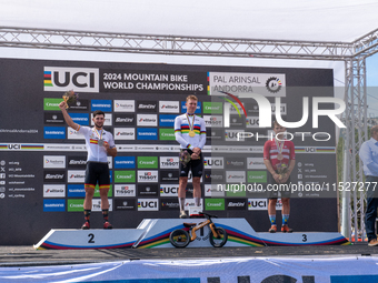 In Pal Arinsal, Andorra, on August 30, 2024, Nicolas Philipsen of Denmark, Nicolas Franco of Spain, and Henrique Hougs of Denmark celebrate...