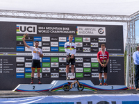 In Pal Arinsal, Andorra, on August 30, 2024, Nicolas Philipsen of Denmark, Nicolas Franco of Spain, and Henrique Hougs of Denmark celebrate...