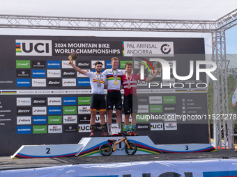 In Pal Arinsal, Andorra, on August 30, 2024, Nicolas Philipsen of Denmark, Nicolas Franco of Spain, and Henrique Hougs of Denmark celebrate...