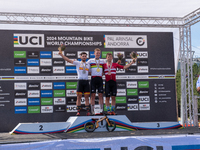 In Pal Arinsal, Andorra, on August 30, 2024, Nicolas Philipsen of Denmark, Nicolas Franco of Spain, and Henrique Hougs of Denmark celebrate...