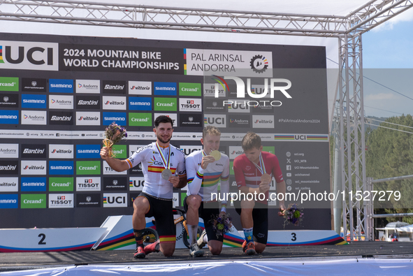 In Pal Arinsal, Andorra, on August 30, 2024, Nicolas Philipsen of Denmark, Nicolas Franco of Spain, and Henrique Hougs of Denmark celebrate...