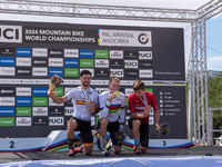 In Pal Arinsal, Andorra, on August 30, 2024, Nicolas Philipsen of Denmark, Nicolas Franco of Spain, and Henrique Hougs of Denmark celebrate...