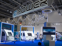 Knaus camping Epower vans are on display at the Dusseldorf Trade Fair Center during the Caravan Salon, the leading motorhome and camping van...