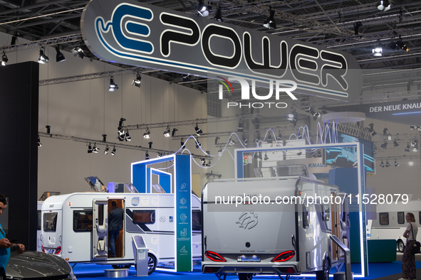 Knaus camping Epower vans are on display at the Dusseldorf Trade Fair Center during the Caravan Salon, the leading motorhome and camping van...