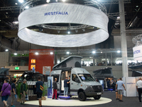 Visitors check Westfalia camping vans at the Duesseldorf Trade Fair Center during the Caravan Salon, the leading motorhome and camping van t...