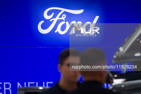 The Ford logo is seen at the Duesseldorf Trade Fair Center during the Caravan Salon, the leading motorhome and camping van trade fair, in Du...