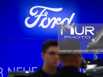 The Ford logo is seen at the Duesseldorf Trade Fair Center during the Caravan Salon, the leading motorhome and camping van trade fair, in Du...