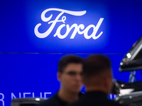 The Ford logo is seen at the Duesseldorf Trade Fair Center during the Caravan Salon, the leading motorhome and camping van trade fair, in Du...