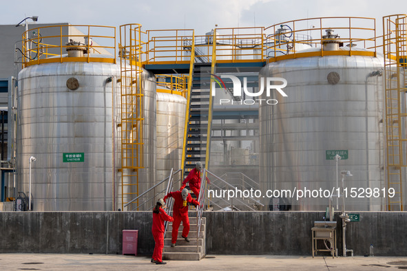 Workers are evacuated at the site of an emergency drill for hazardous chemical production safety accidents at a chemical park in Hefei, Chin...