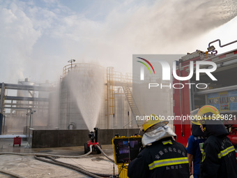 Firefighters fight a fire at the site of an emergency drill for hazardous chemicals production in a chemical park in Hefei, China, on August...