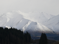 A general view of snow-covered mountains in Twizel, New Zealand, on August 30, 2024. (