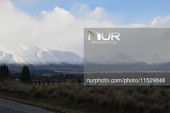 A general view of snow-covered mountains in Twizel, New Zealand, on August 30, 2024. 