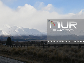 A general view of snow-covered mountains in Twizel, New Zealand, on August 30, 2024. (