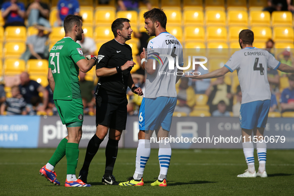 Niall Canavan of Barrow appeals following a disallowed goal during the Sky Bet Championship match between  Harrogate and Barrow, in Harrogat...