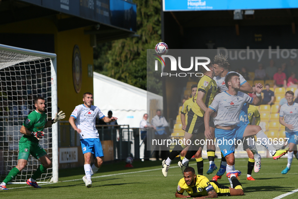 Niall Canavan of Barrow scores, but it is disallowed during the Sky Bet Championship match between  Harrogate and Barrow, in Harrogate, Unit...